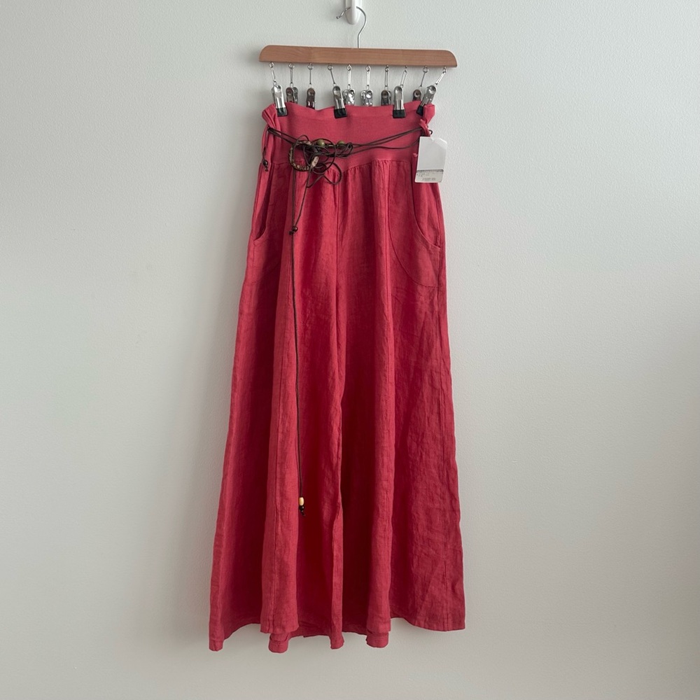 Low Rise Wide Leg Brick Red Belted Linen Pants Elastic Waist Made in Italy NWT
